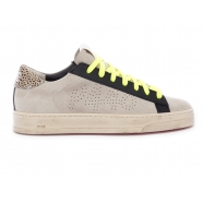 Sneakers suède mastic oeuillets cuir noir lacets jaune spoiler fin léopard JACK P448 Femme