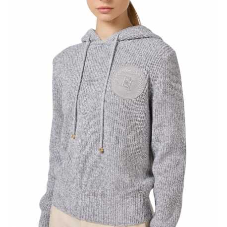 Pull hoodies Gris Perle Chiné Ecusson poitrine logo Elisabetta Franchi Femme MK83S CP6