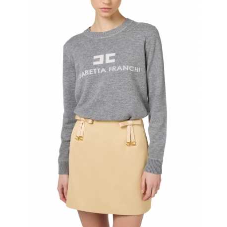 Pull gris chiné laine cachemire Logo écru col rond Elisabetta Franchi Femme MK64S G41