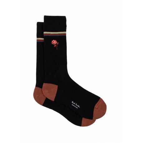 Chaussettes noire Fleur Rose brodée rose M1A 380NE N291 79 Paul Smith Homme Boutique Strasbourg Socks shop online