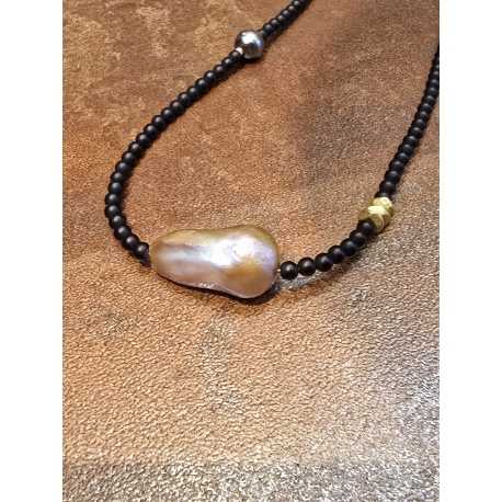 Collier Adan Agate noire. perle d'eau douce. perle de Tahiti. Perle or TFW2427 Catherine Michiels Boutique Strasbourg