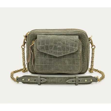 Sac charly cuir embossé Croco Gris Perle vert 3725 Claris Virot Femme Boutique Strasbourg Bag shopping online