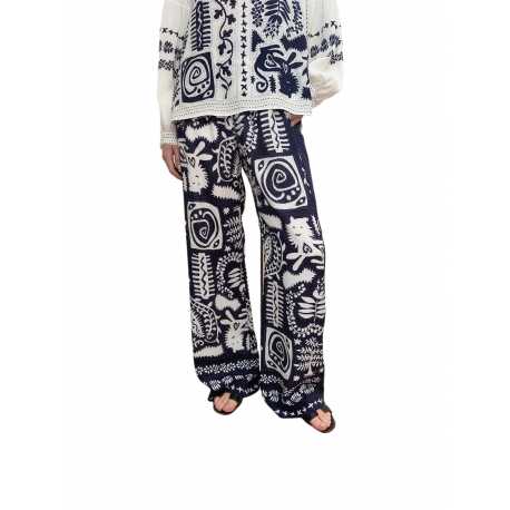 Pantalon viscose soie print afro blanc bleu Lion 5025 2725 Ivi Collection Femme Boutique Strasbourg Mode woman fashion