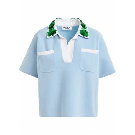 Polo ciel sequins verts col Hoiseau embroidered Aqua Blue Essentiel Antwerp Femme AB08